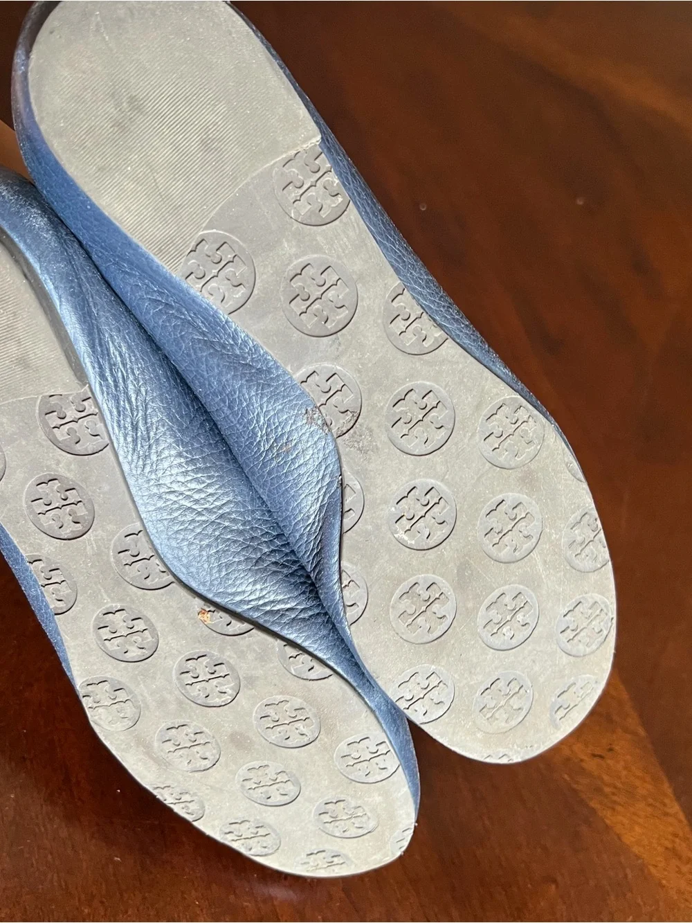 Tory Burch Navy Leather Ballet Flats with Gold Logo Medallion